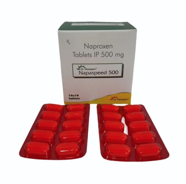 A box and a strip of Naproxen 500 mg Tab